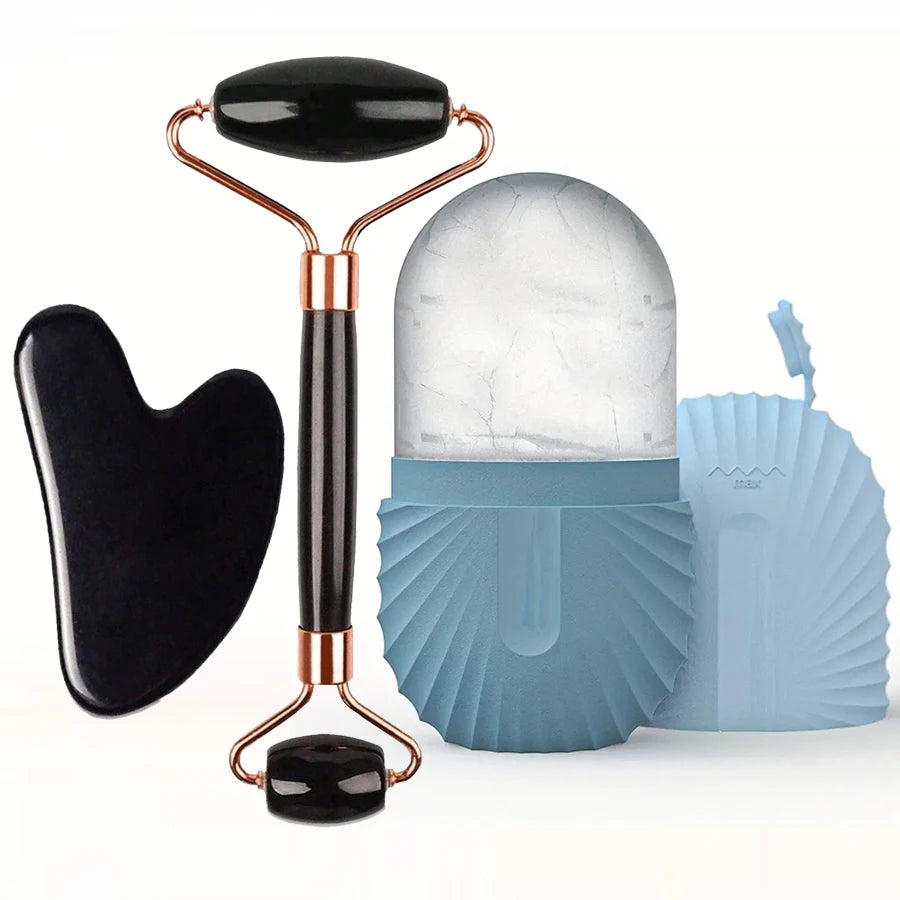 Ice Face Care Kit — Stainless Steel Ice Roller, Gua Sha & Facial Massage Tool (3-Piece Set)