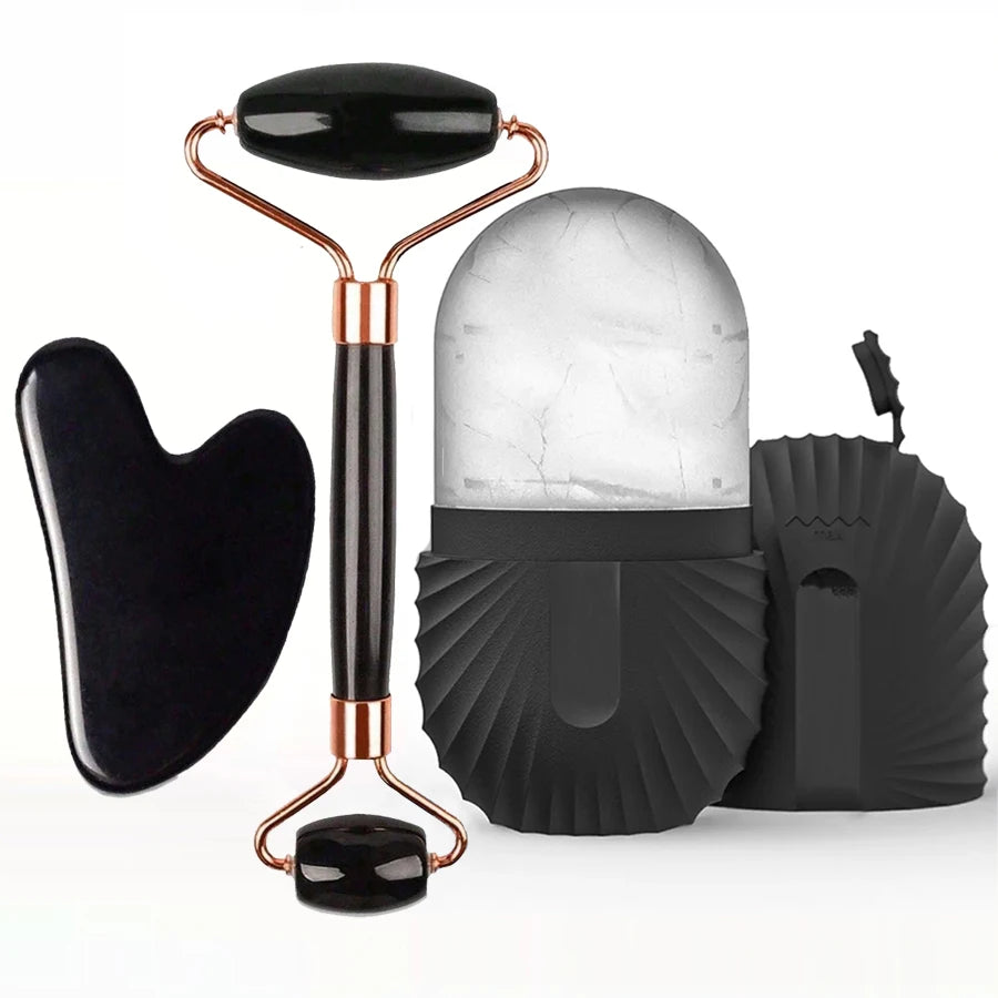 Ice Face Care Kit — Stainless Steel Ice Roller, Gua Sha & Facial Massage Tool (3-Piece Set)