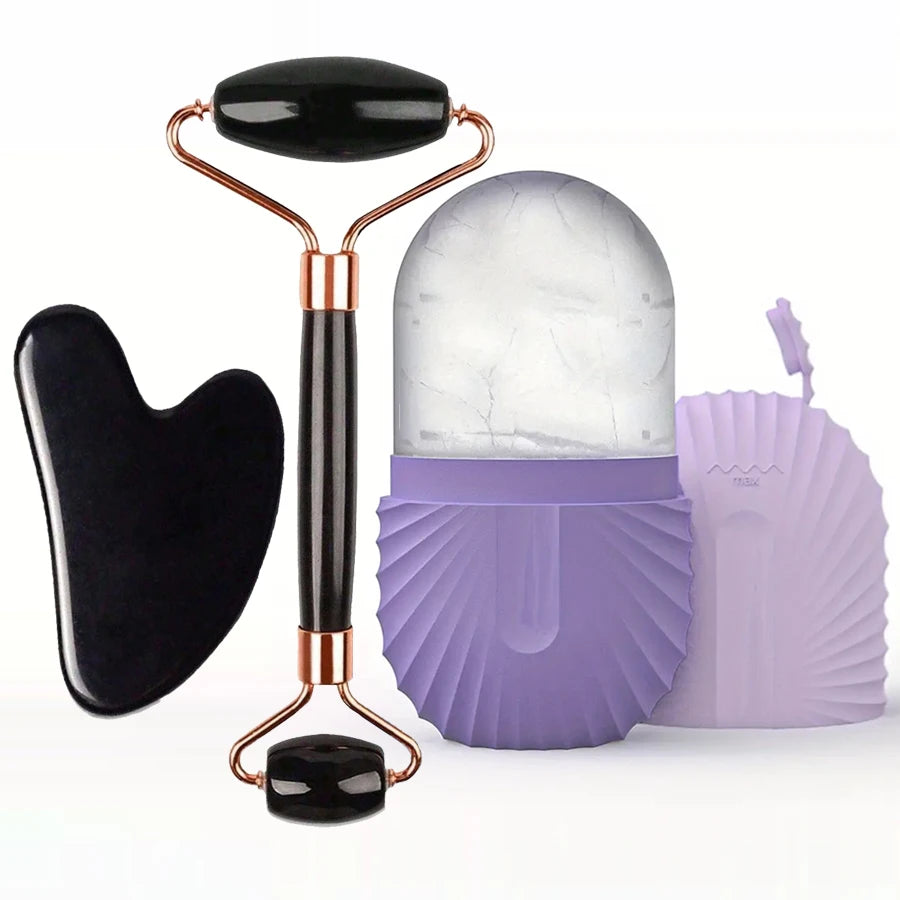 Ice Face Care Kit — Stainless Steel Ice Roller, Gua Sha & Facial Massage Tool (3-Piece Set)