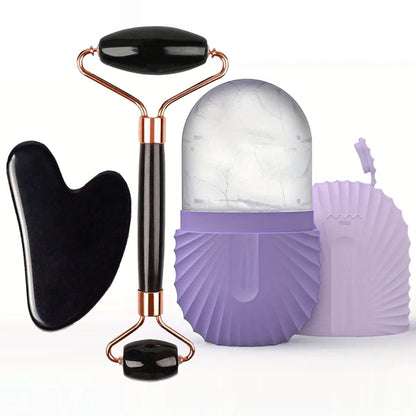 Ice Face Care Kit — Stainless Steel Ice Roller, Gua Sha & Facial Massage Tool (3-Piece Set)